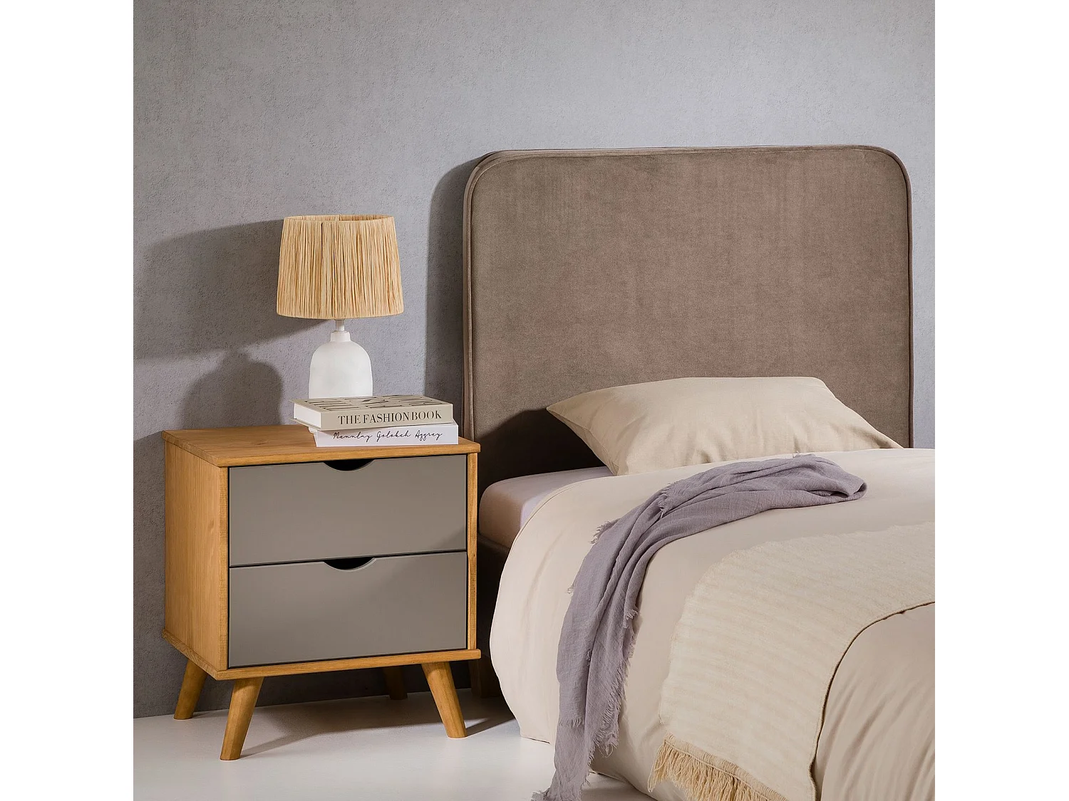 Tête de lit LUNAR 90, En tissu rembourré, Fixation murale Design arrondi moderne, Pour lit 90 cm ou moins, Grège