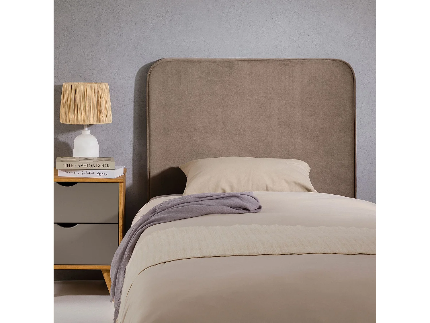 Tête de lit LUNAR 90, En tissu rembourré, Fixation murale Design arrondi moderne, Pour lit 90 cm ou moins, Grège