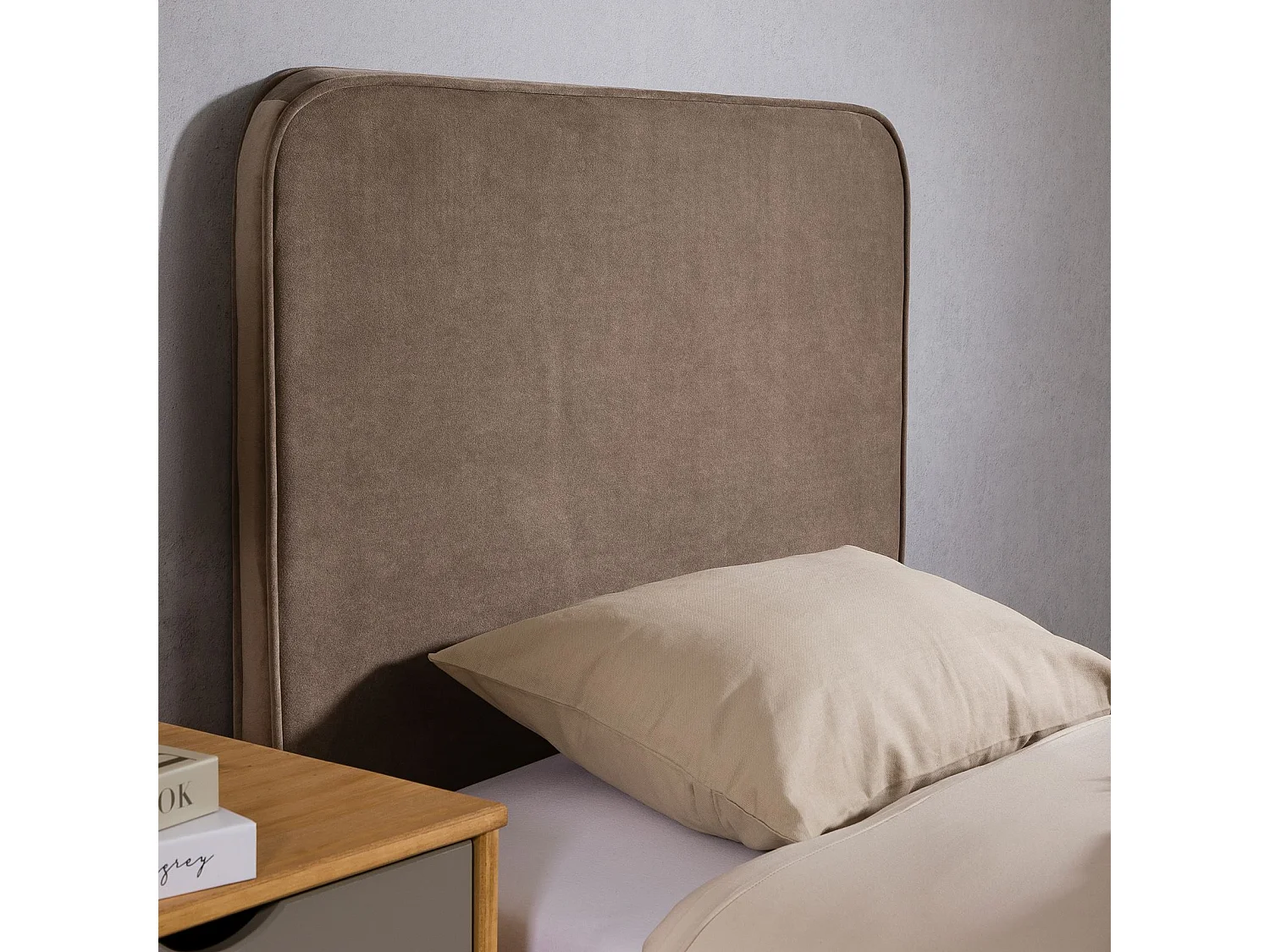 Tête de lit LUNAR 90, En tissu rembourré, Fixation murale Design arrondi moderne, Pour lit 90 cm ou moins, Grège