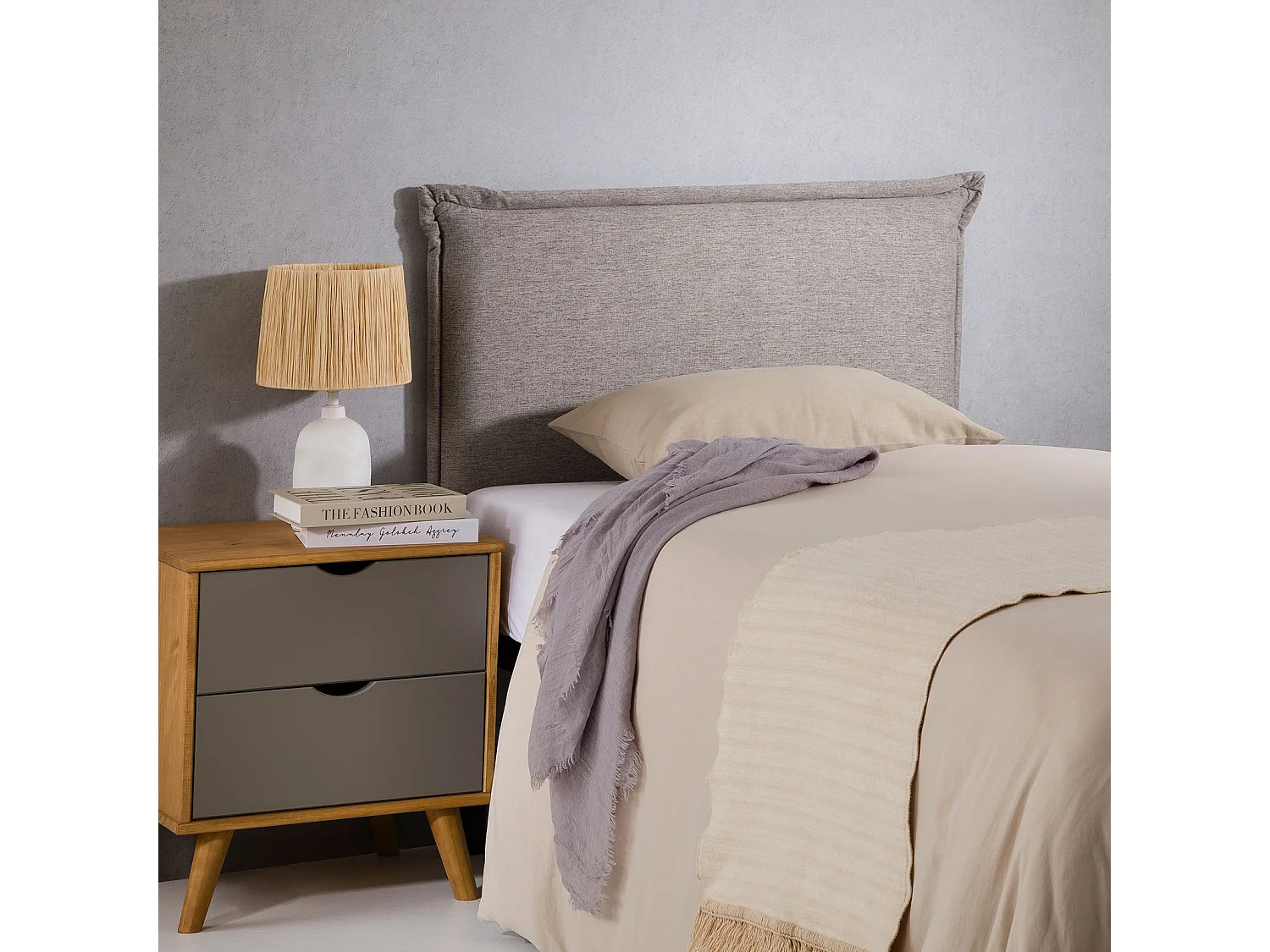 Tête de lit NERINA 90 rembourrée, En tissu polyester pour lit 90 cm, Sur pieds en bois, Gris