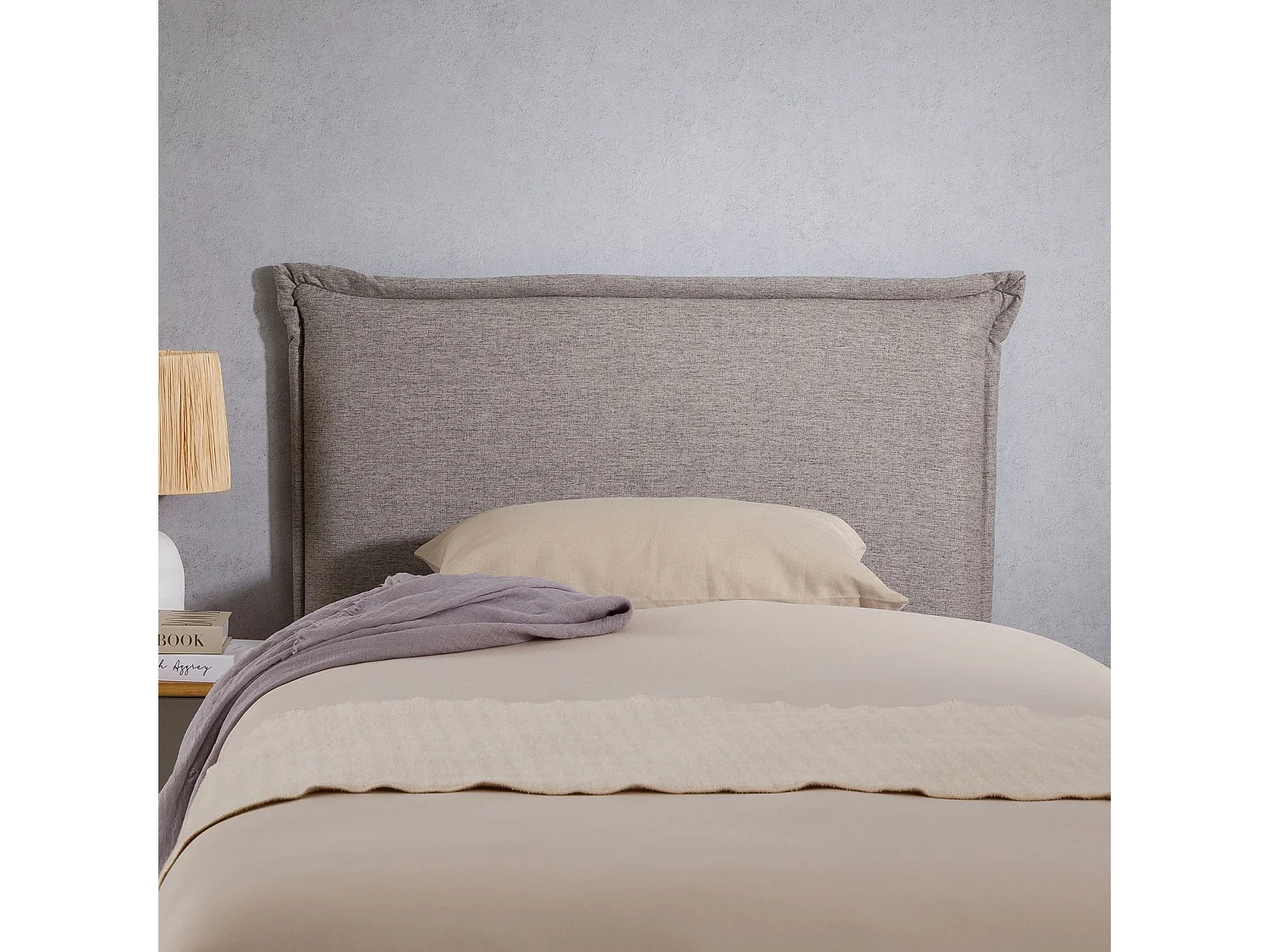 Tête de lit NERINA 90 rembourrée, En tissu polyester pour lit 90 cm, Sur pieds en bois, Gris