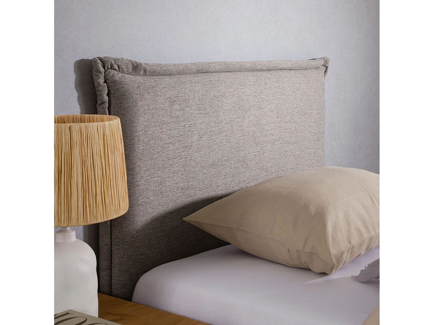 Tête de lit NERINA 90 rembourrée, En tissu polyester pour lit 90 cm, Sur pieds en bois, Gris