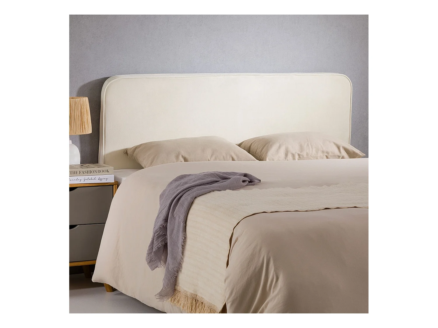 Tête de lit CELIA 120, En tissu rembourré, Fixation murale Design arrondi moderne, Pour lit 120 cm ou moins, Blanc crème