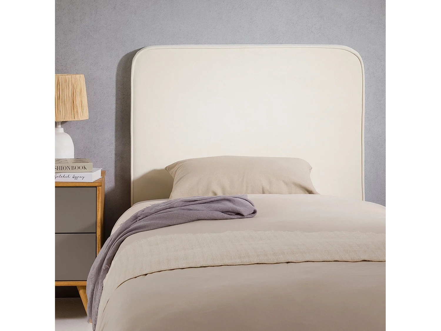 Tête de lit LUNAR 90, En tissu rembourré, Fixation murale Design arrondi moderne, Pour lit 90 cm ou moins, Blanc crème