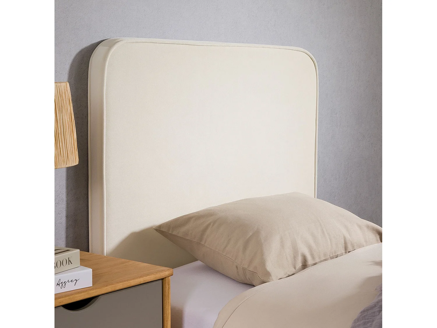 Tête de lit LUNAR 90, En tissu rembourré, Fixation murale Design arrondi moderne, Pour lit 90 cm ou moins, Blanc crème