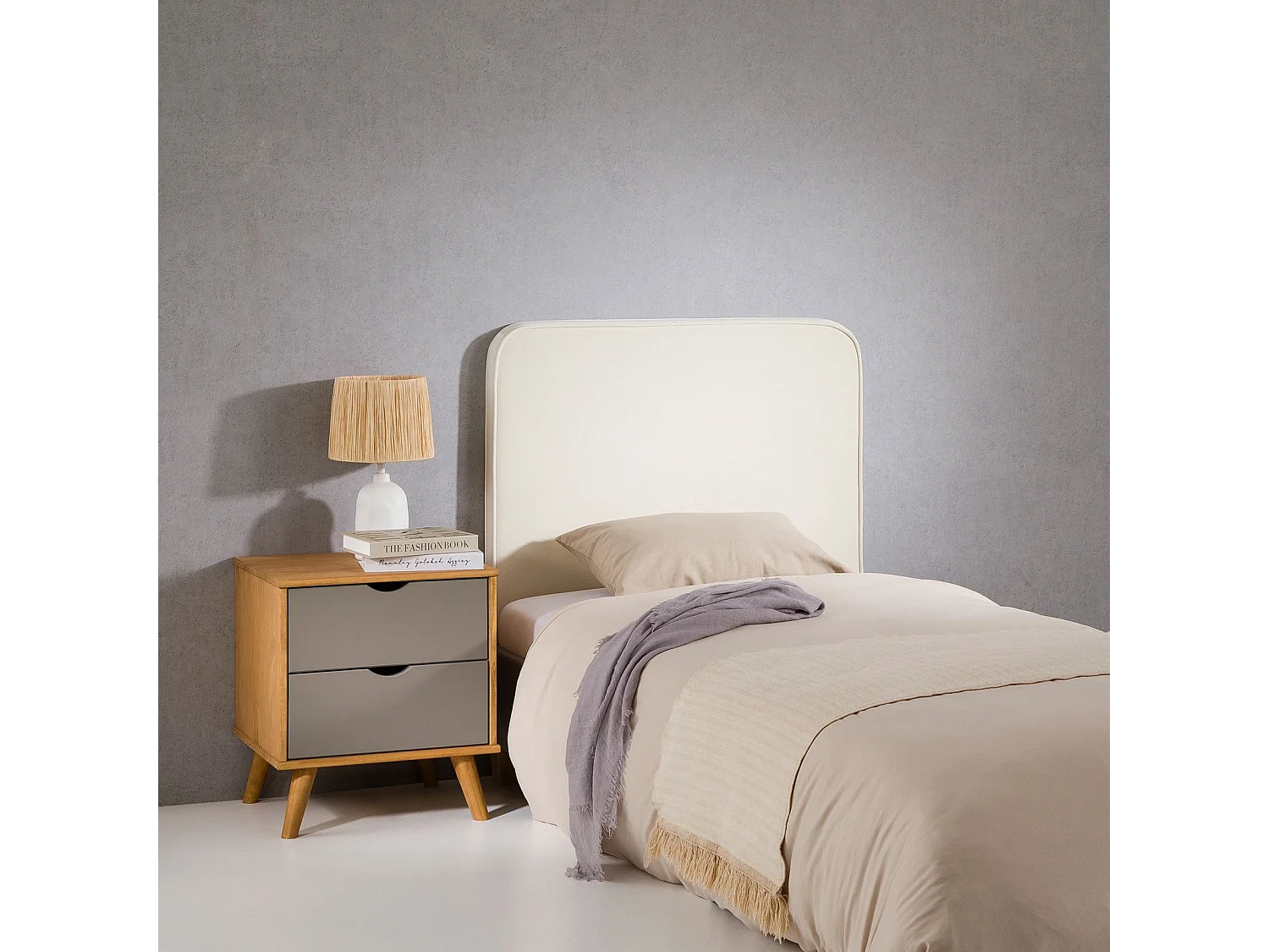 Tête de lit LUNAR 90, En tissu rembourré, Fixation murale Design arrondi moderne, Pour lit 90 cm ou moins, Blanc crème