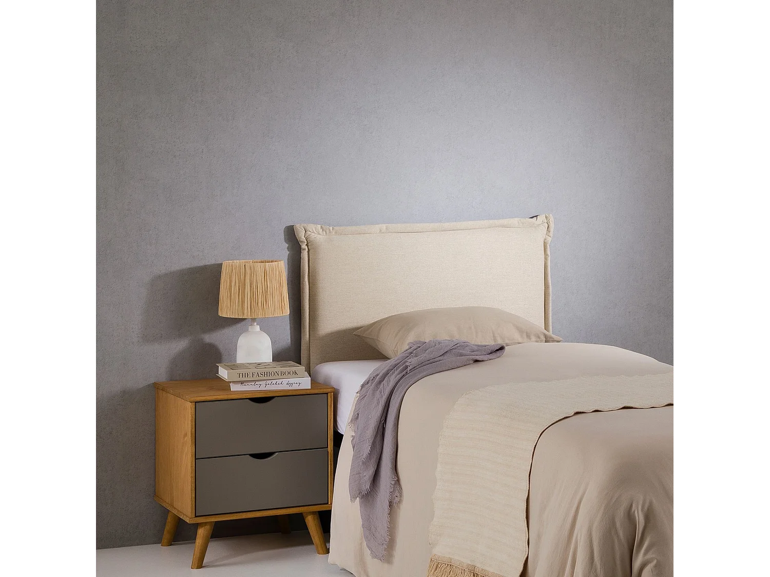 Tête de lit NERINA 90 rembourrée, En tissu polyester pour lit 90 cm, Sur pieds en bois, Écru