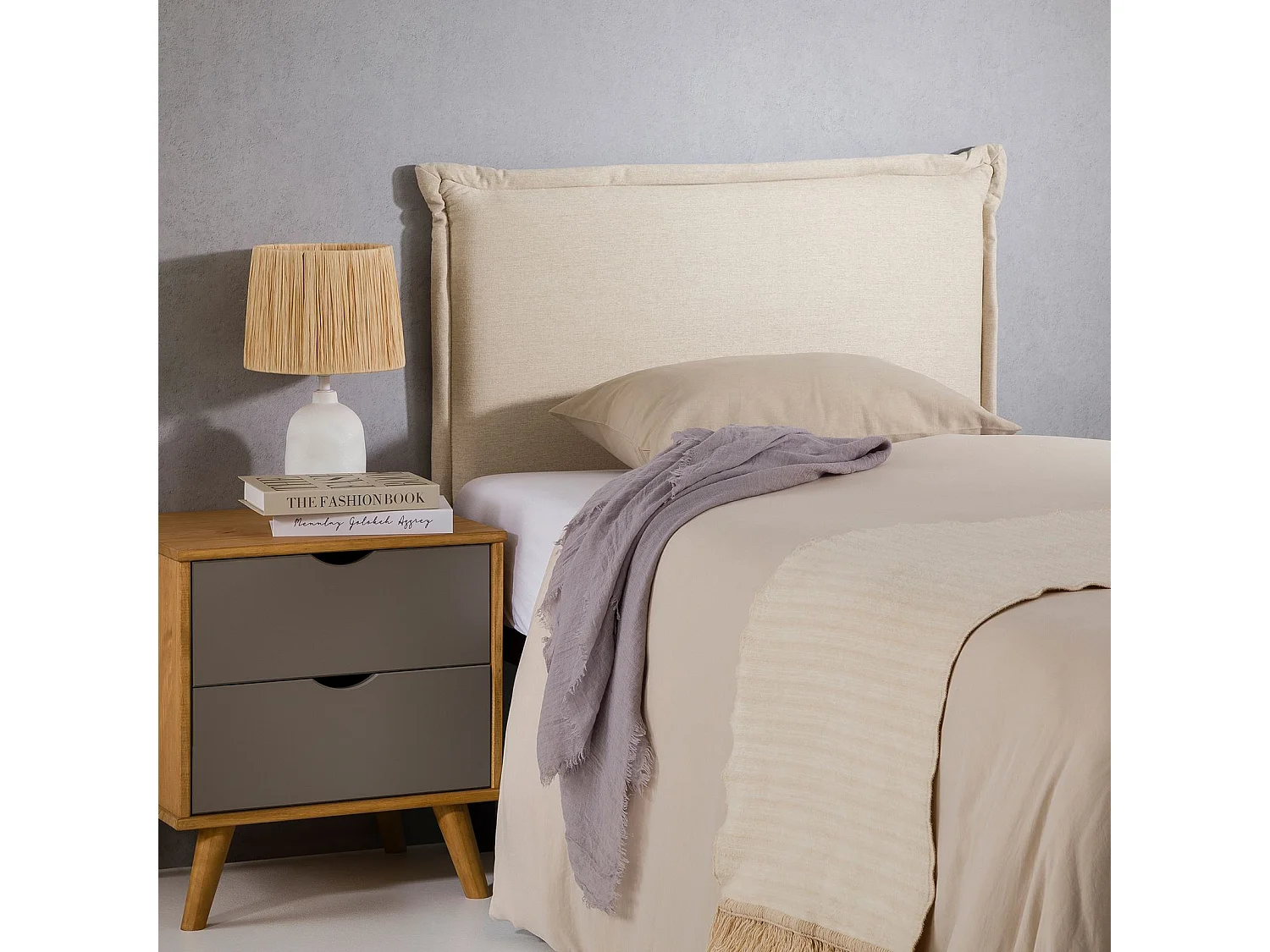 Tête de lit NERINA 90 rembourrée, En tissu polyester pour lit 90 cm, Sur pieds en bois, Écru