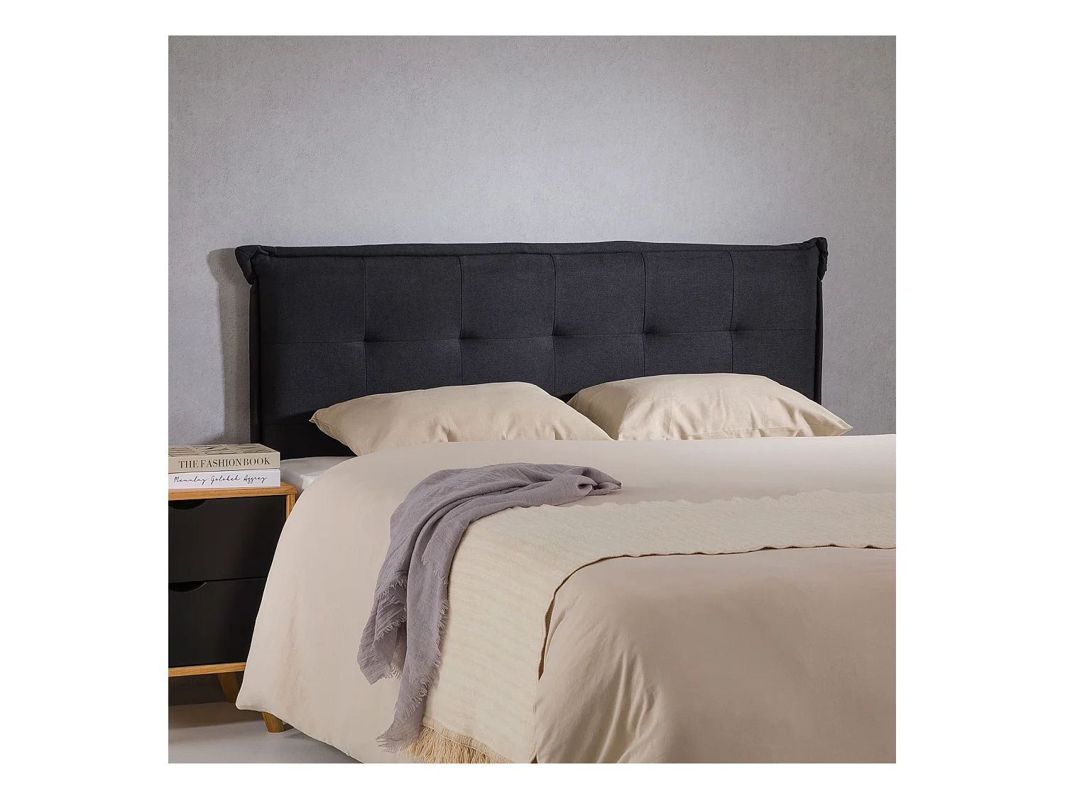 Tête de lit TIMOTHÉ 140 capitonnée, En tissu rembourré, Pieds en bois, Design élégant, Pour lits 140 cm, Noir