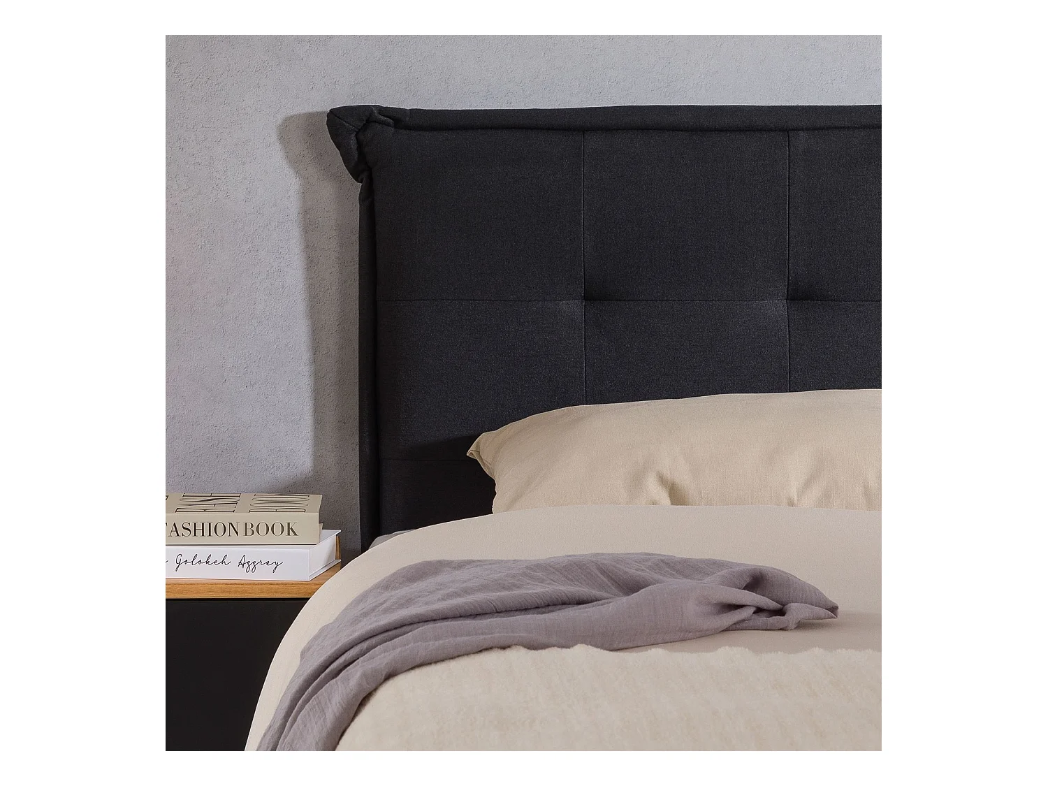 Tête de lit TIMOTHÉ 140 capitonnée, En tissu rembourré, Pieds en bois, Design élégant, Pour lits 140 cm, Noir