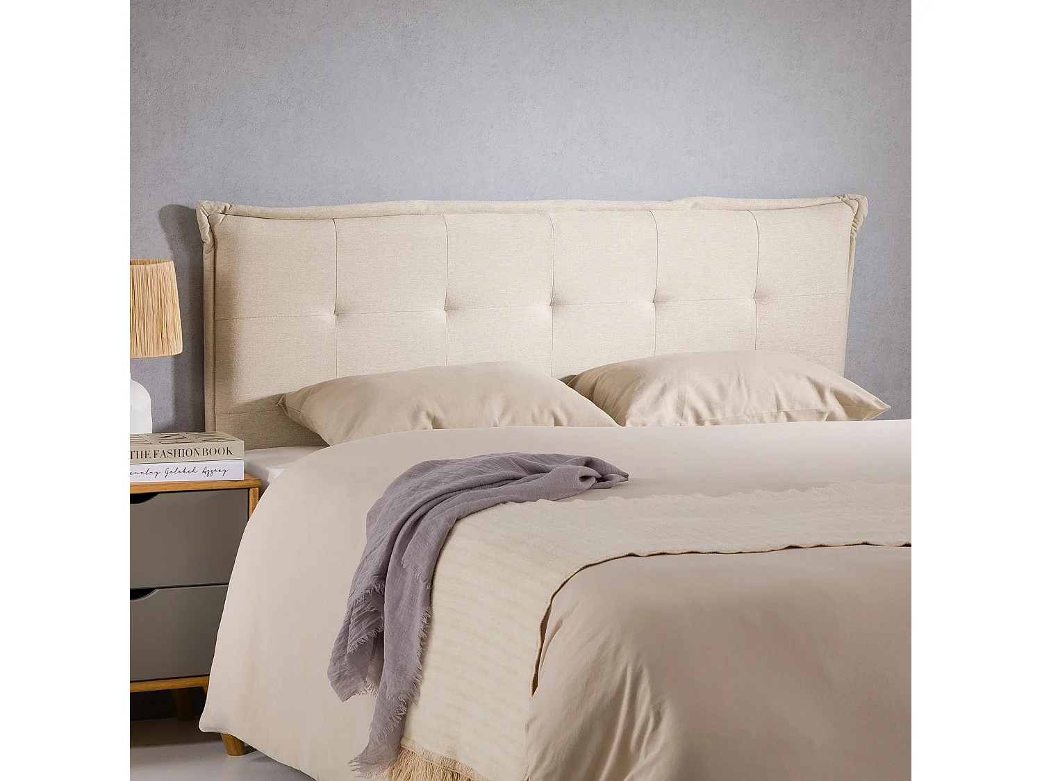 Tête de lit TIMOTHÉ 140 capitonnée, En tissu rembourré, Pieds en bois, Design élégant, Pour lits 140 cm, Écru