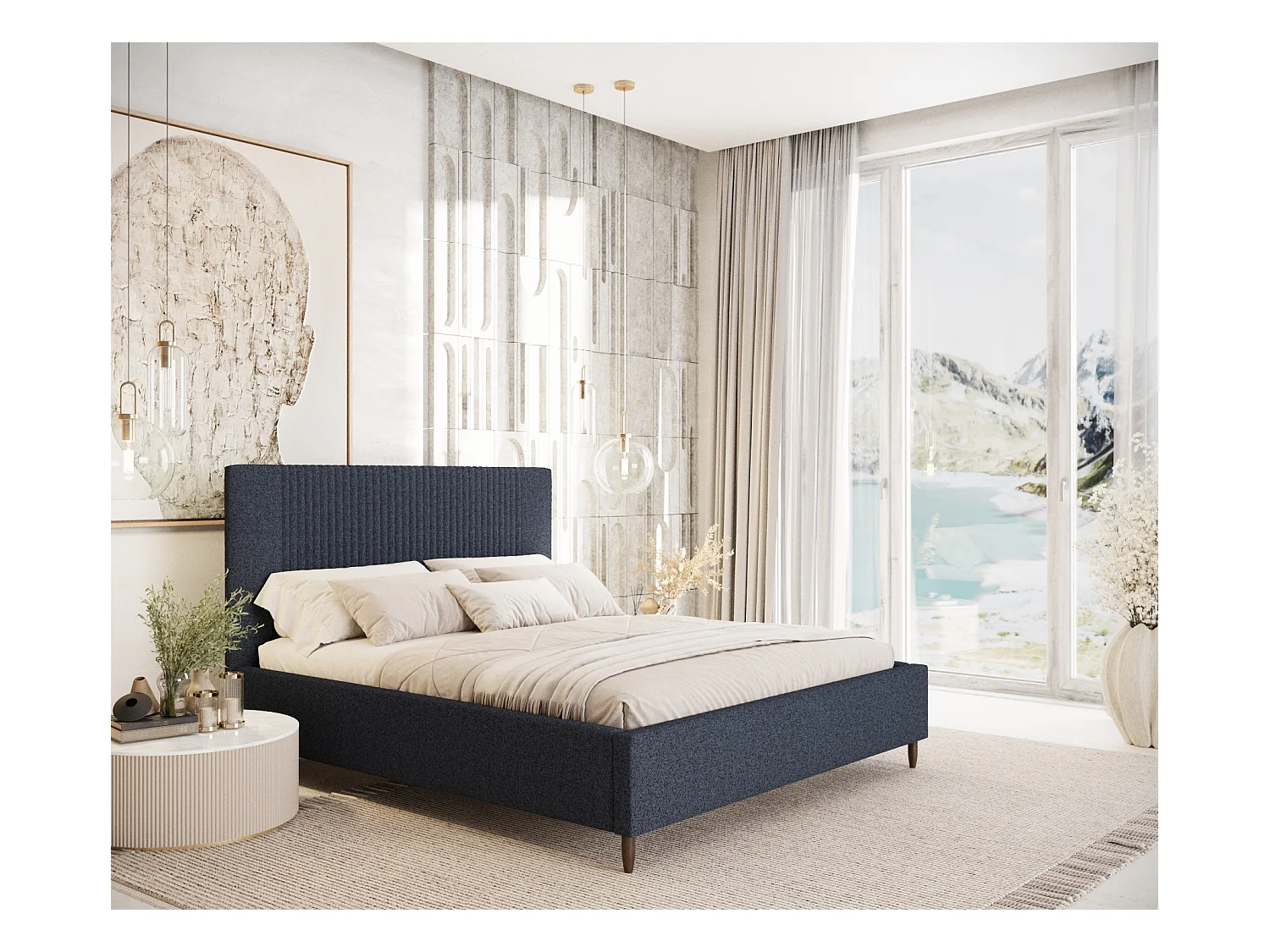 Lit coffre Etero - 200 x 200 cm - toile tissée - bleu marine