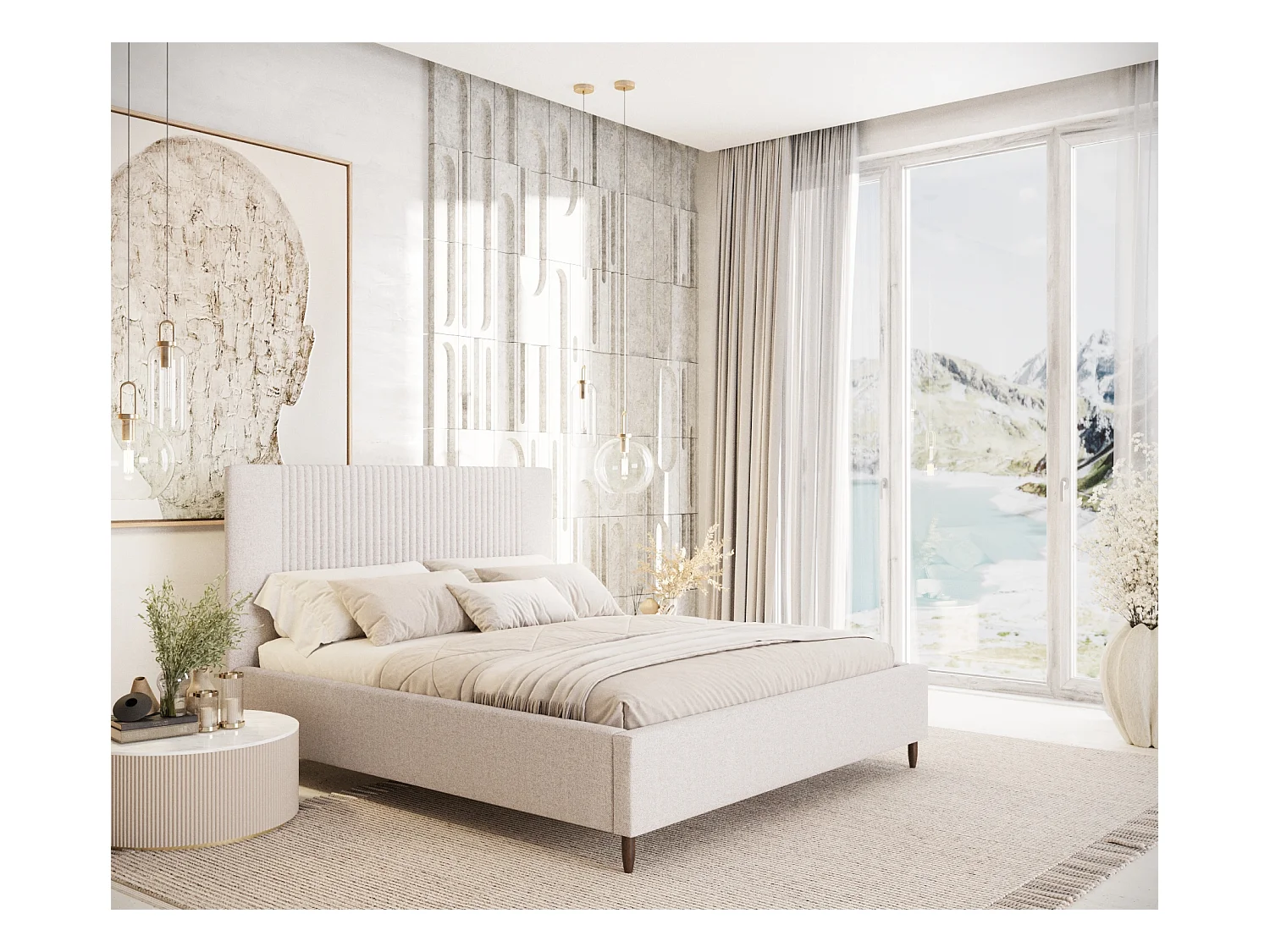 Lit coffre Etero - 160 x 200 cm - toile tissée - beige