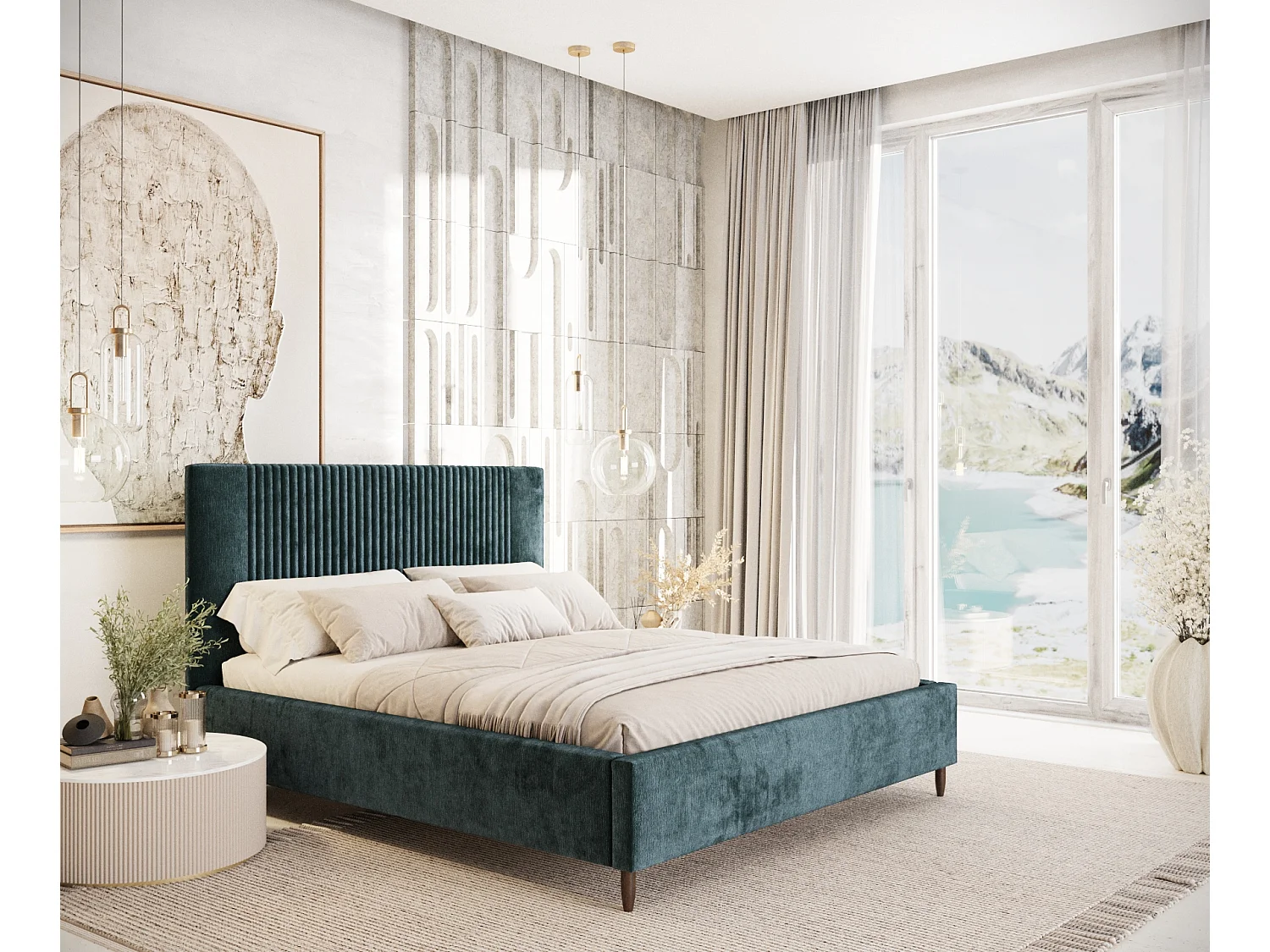 Lit coffre Etero - 200 x 200 cm - chenille - couleur sarcelle