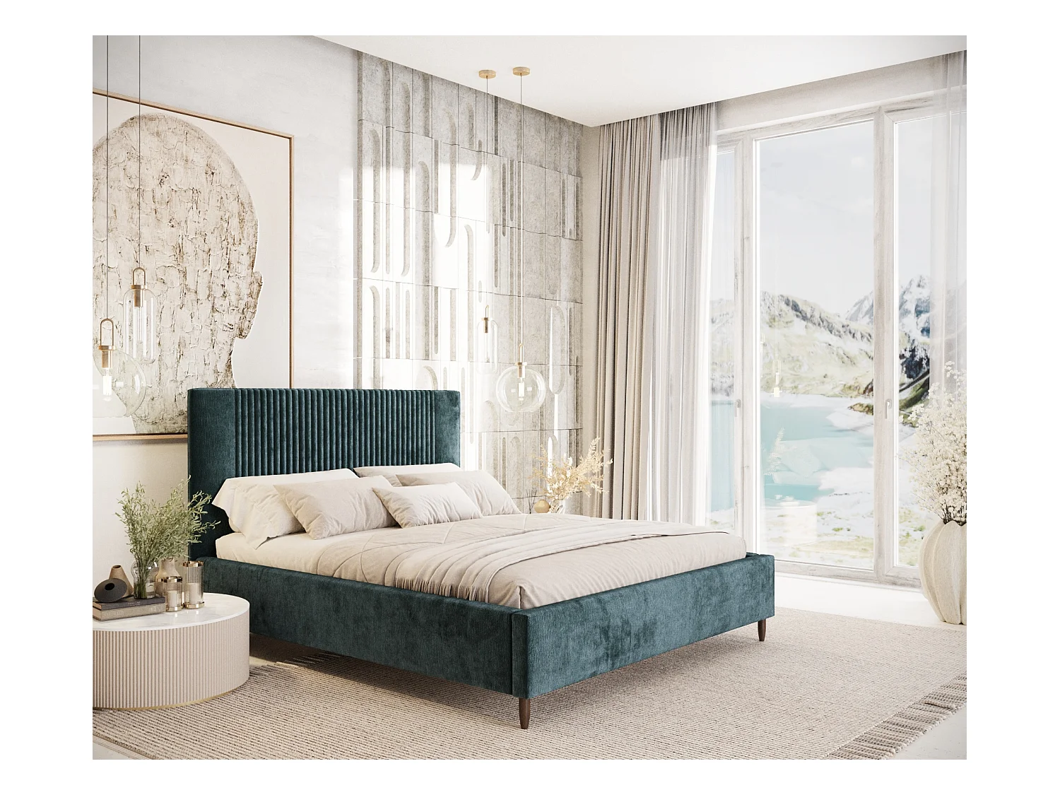 Lit coffre Etero - 200 x 200 cm - chenille - couleur sarcelle