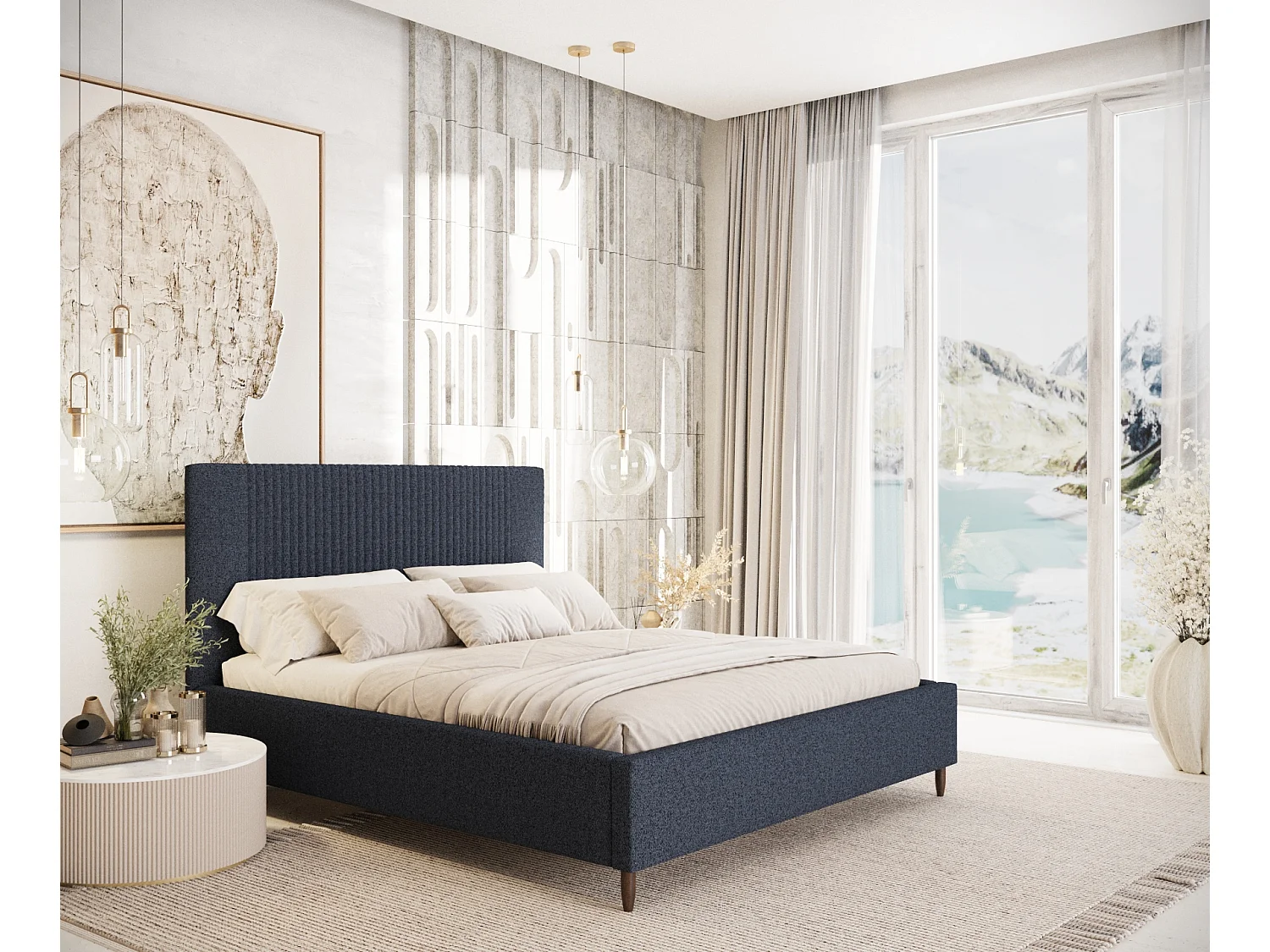 Lit coffre Etero - 160 x 200 cm - toile tissée - bleu marine