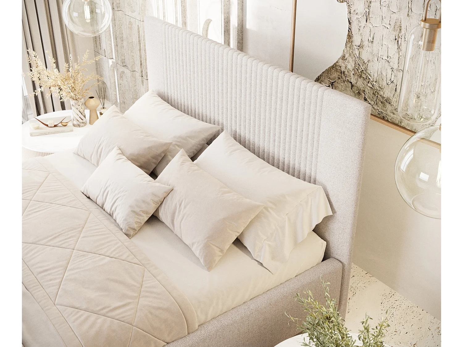 Lit coffre Etero - 200 x 200 cm - toile tissée - crème