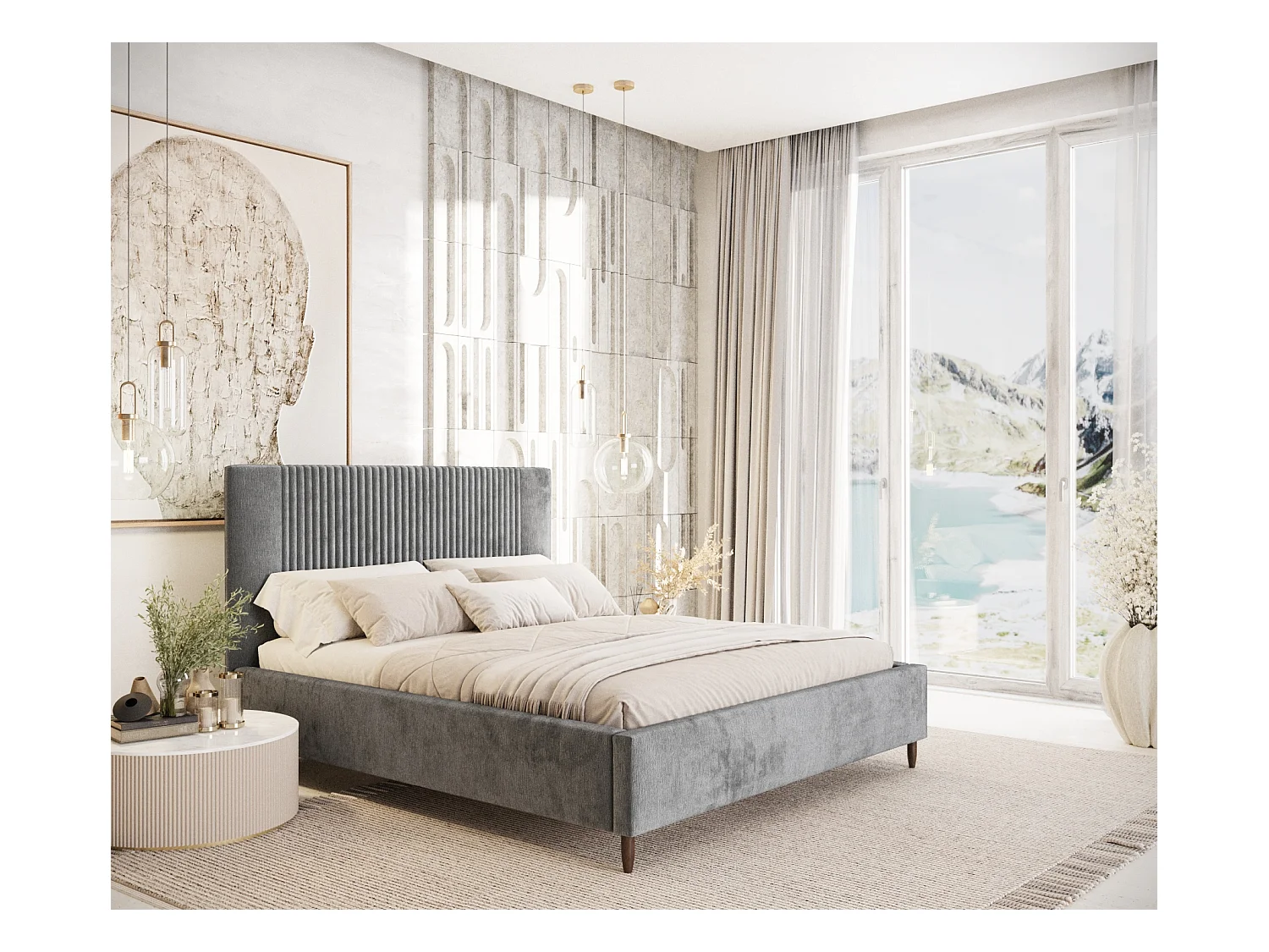 Lit coffre Etero - 200 x 200 cm - chenille - gris