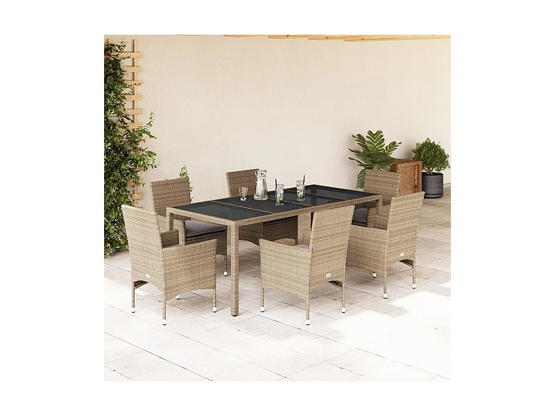 Ensemble à manger de jardin et coussins 7 pièces beige rotin verre