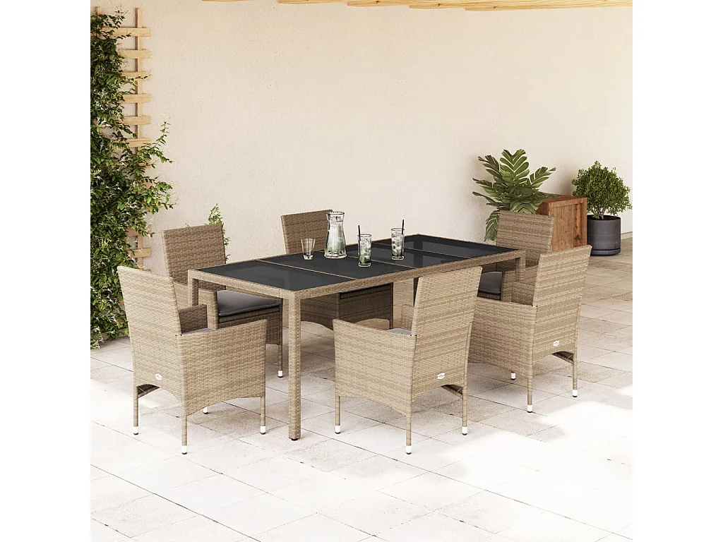 Ensemble à manger de jardin et coussins 7 pièces beige rotin verre