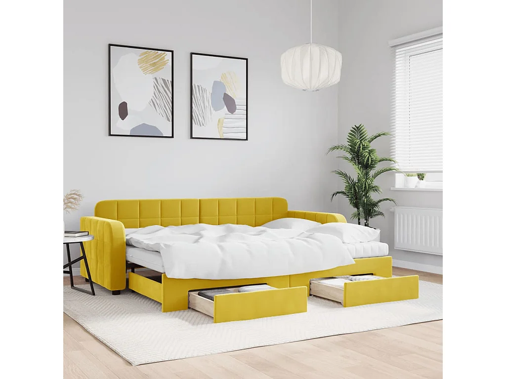 Slaapbank met onderschuifbed en lades 80x200 cm fluweel geel