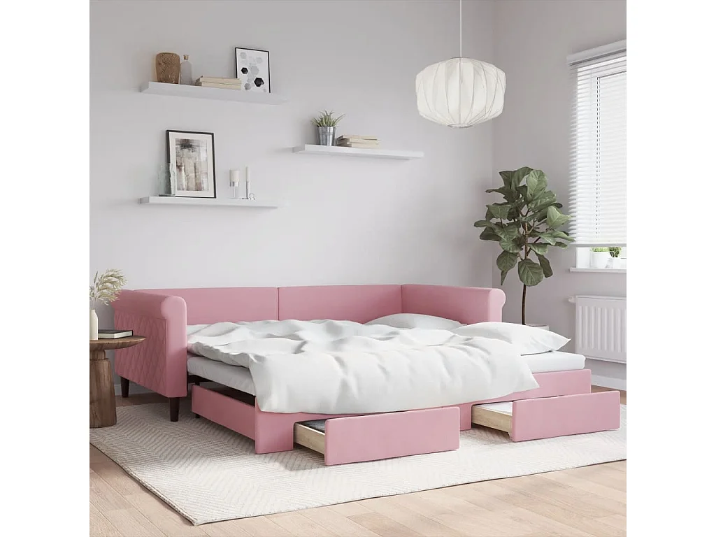 Sofá-cama com gavetão e gavetas 100x200 cm veludo rosa