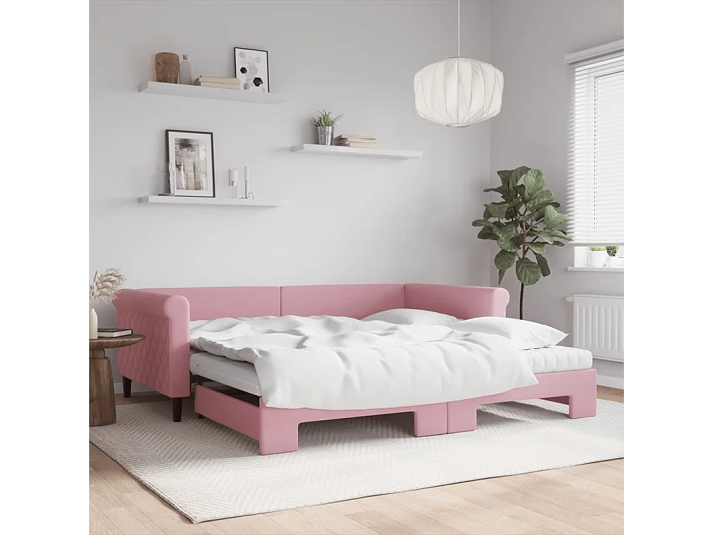 Lit de jour avec lit gigogne et matelas rose 100x200 cm velours