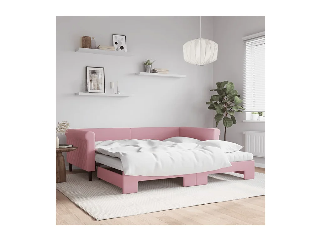 Lit de jour avec lit gigogne et matelas rose 100x200 cm velours