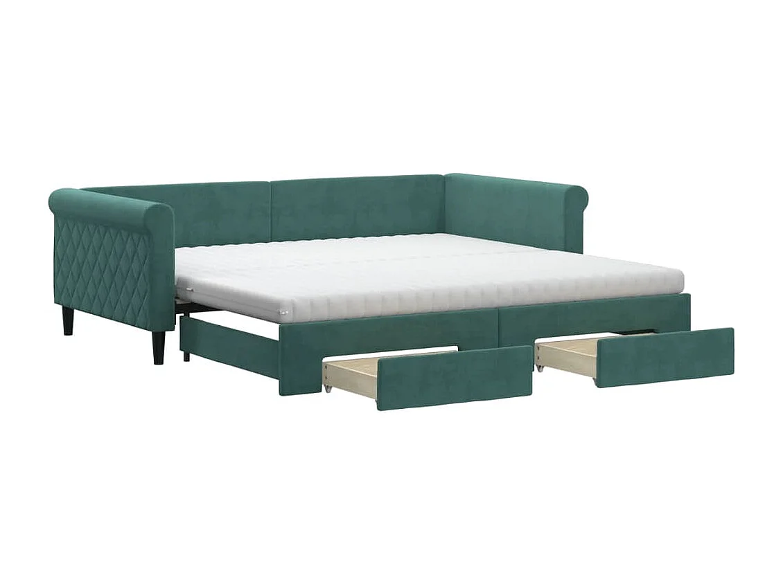 Sofá-cama com gavetão e gavetas 100x200 cm veludo verde-escuro