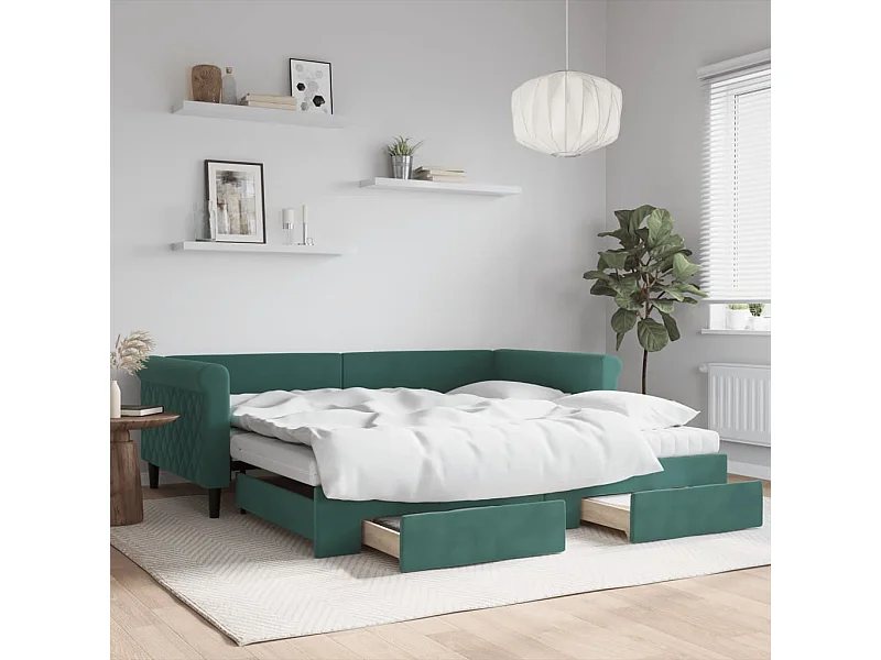 Sofá-cama com gavetão e gavetas 100x200 cm veludo verde-escuro