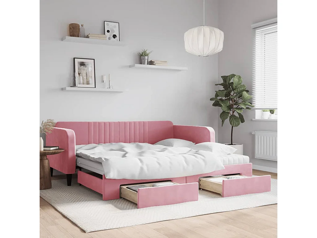Slaapbank met onderschuifbed en lades 100x200 cm fluweel roze
