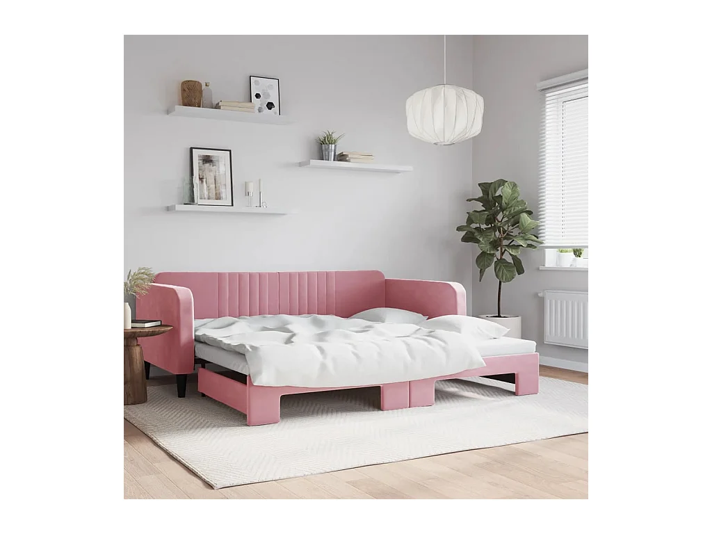 Lit de jour avec lit gigogne rose 100x200 cm velours