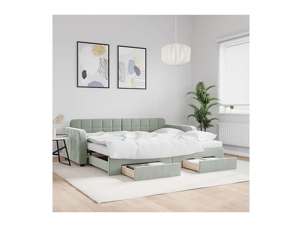 Sofá-cama com gavetão e gavetas 90x190 cm veludo cinzento-claro