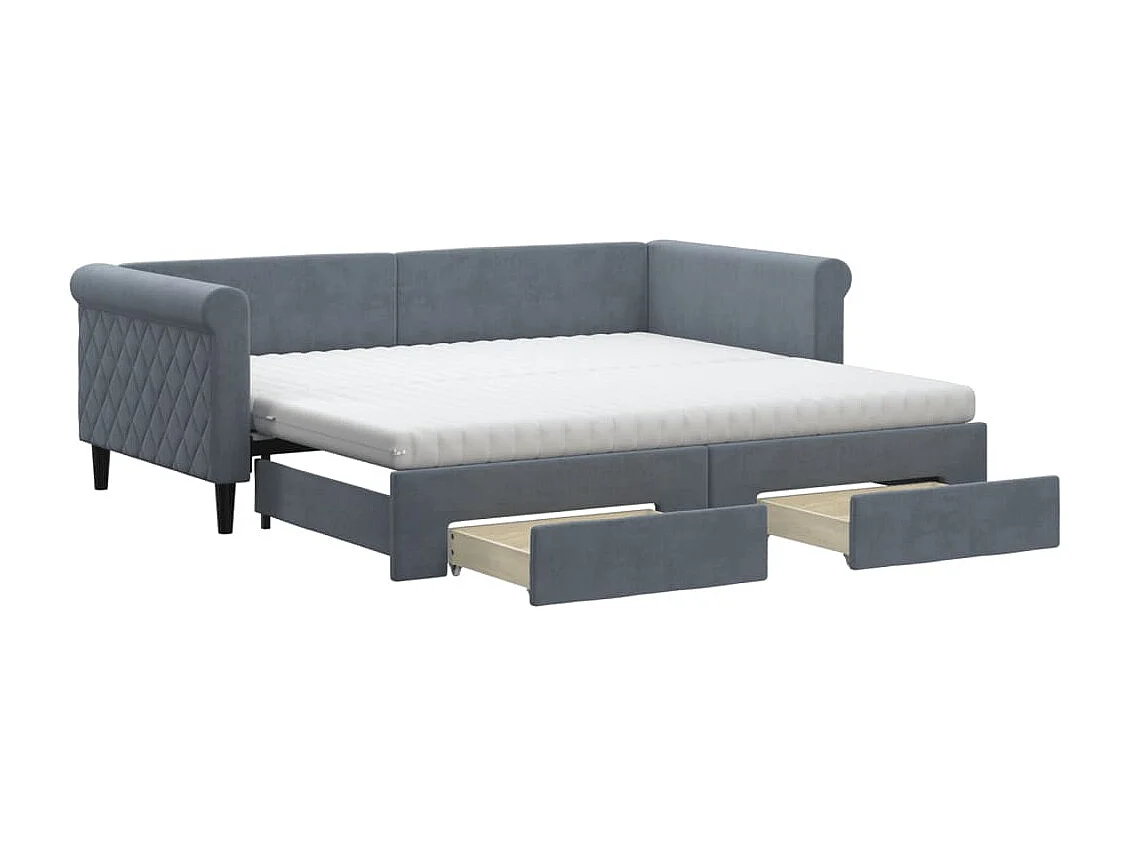 Lit de jour avec gigogne et tiroirs gris foncé 90x190cm velours