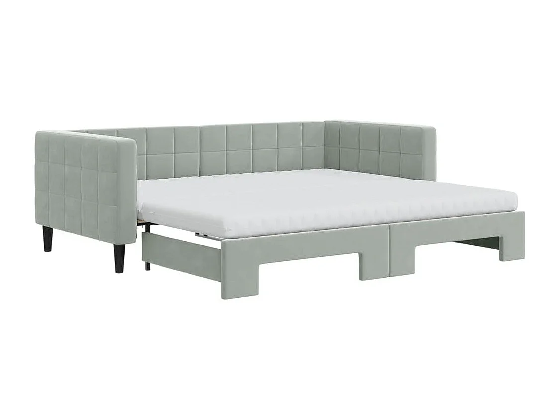 Lit de jour avec gigogne et matelas gris clair 90x190cm velours