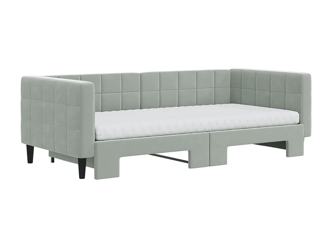 Lit de jour avec gigogne et matelas gris clair 90x190cm velours