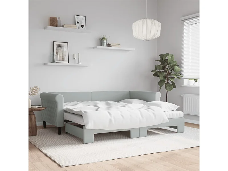 Lit de jour avec gigogne et matelas gris clair 90x190cm velours