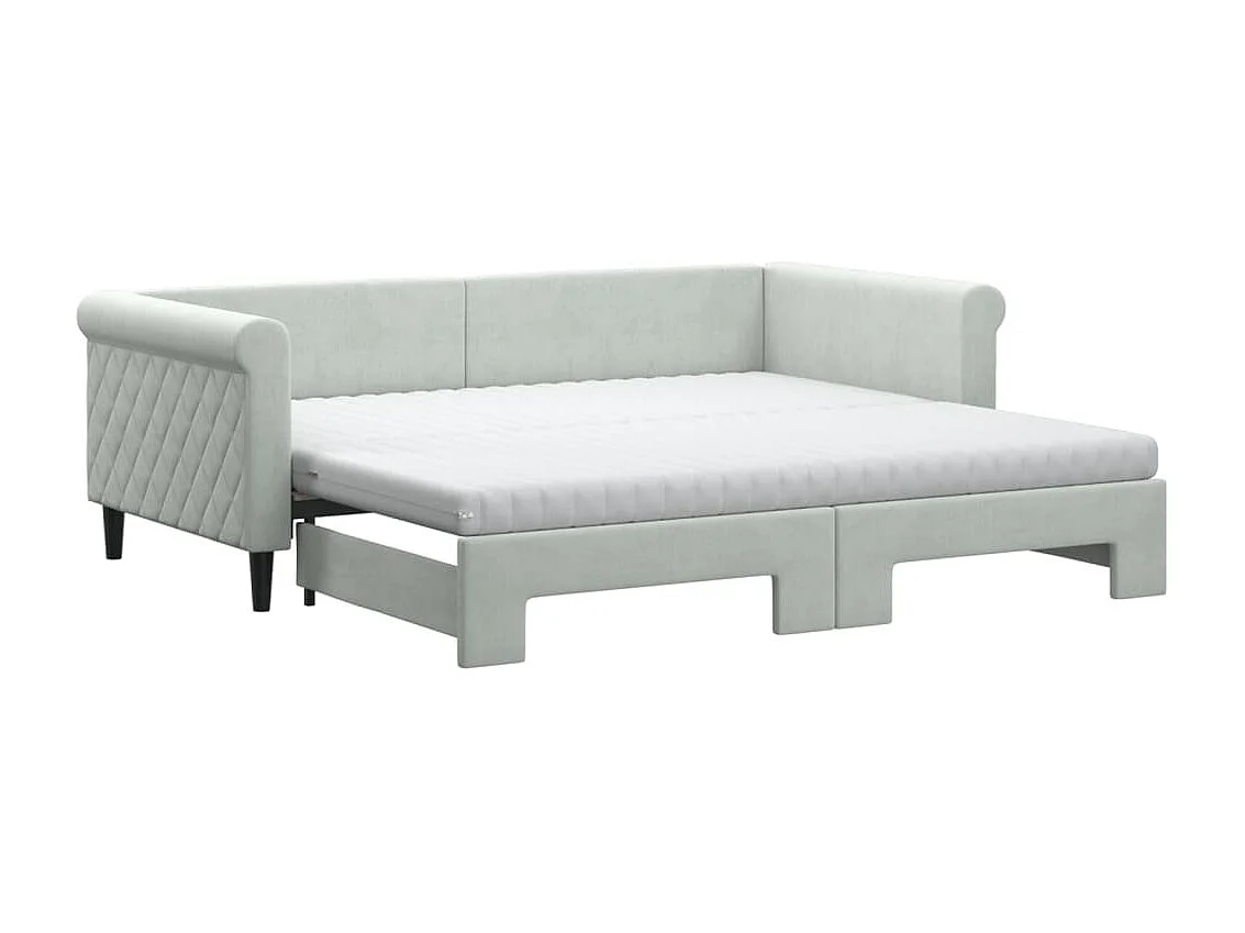 Lit de jour avec gigogne et matelas gris clair 90x190cm velours