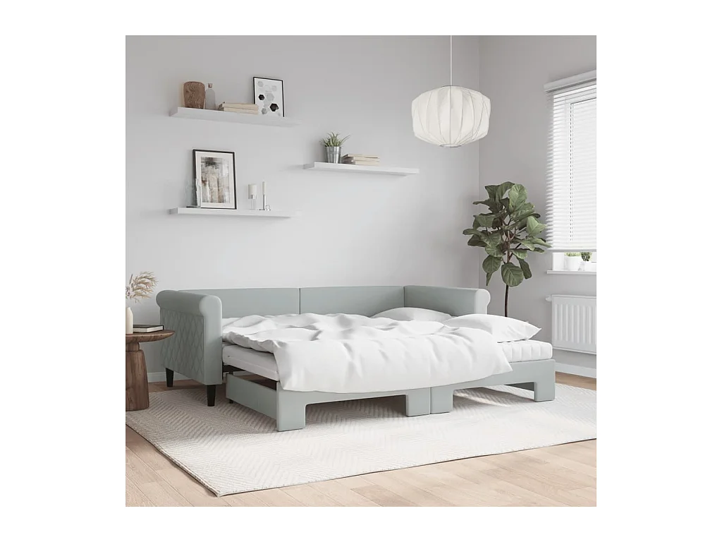 Lit de jour avec gigogne et matelas gris clair 90x190cm velours
