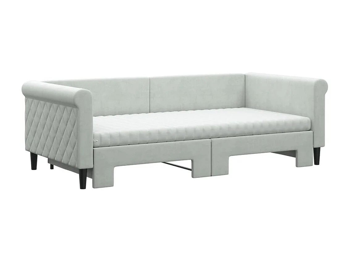 Lit de jour avec gigogne et matelas gris clair 90x190cm velours