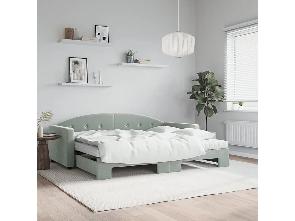 Lit de jour avec gigogne et matelas gris clair 90x190cm velours