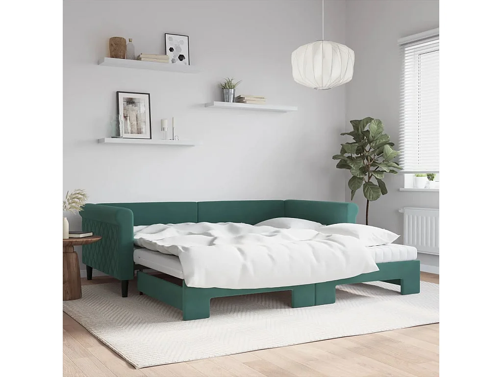 Sofá-cama com gavetão e colchões 100x200cm veludo verde-escuro