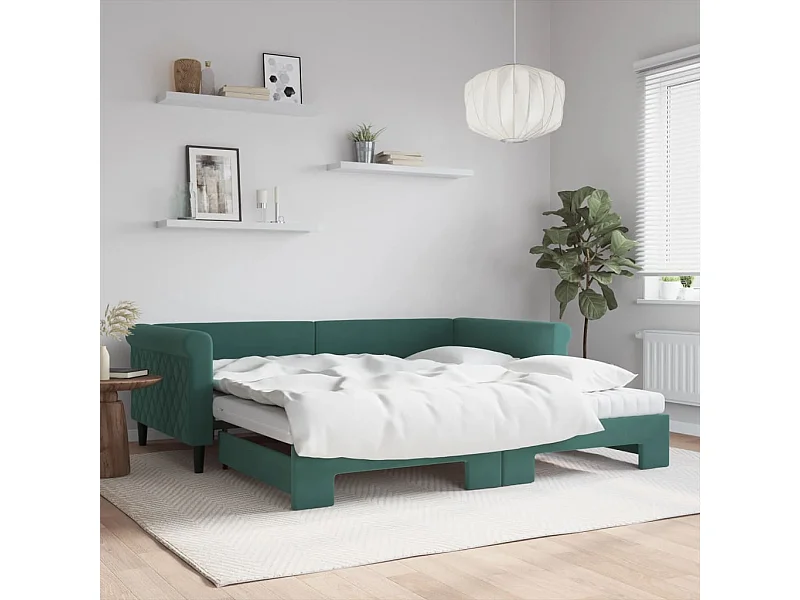 Sofá-cama com gavetão e colchões 100x200cm veludo verde-escuro