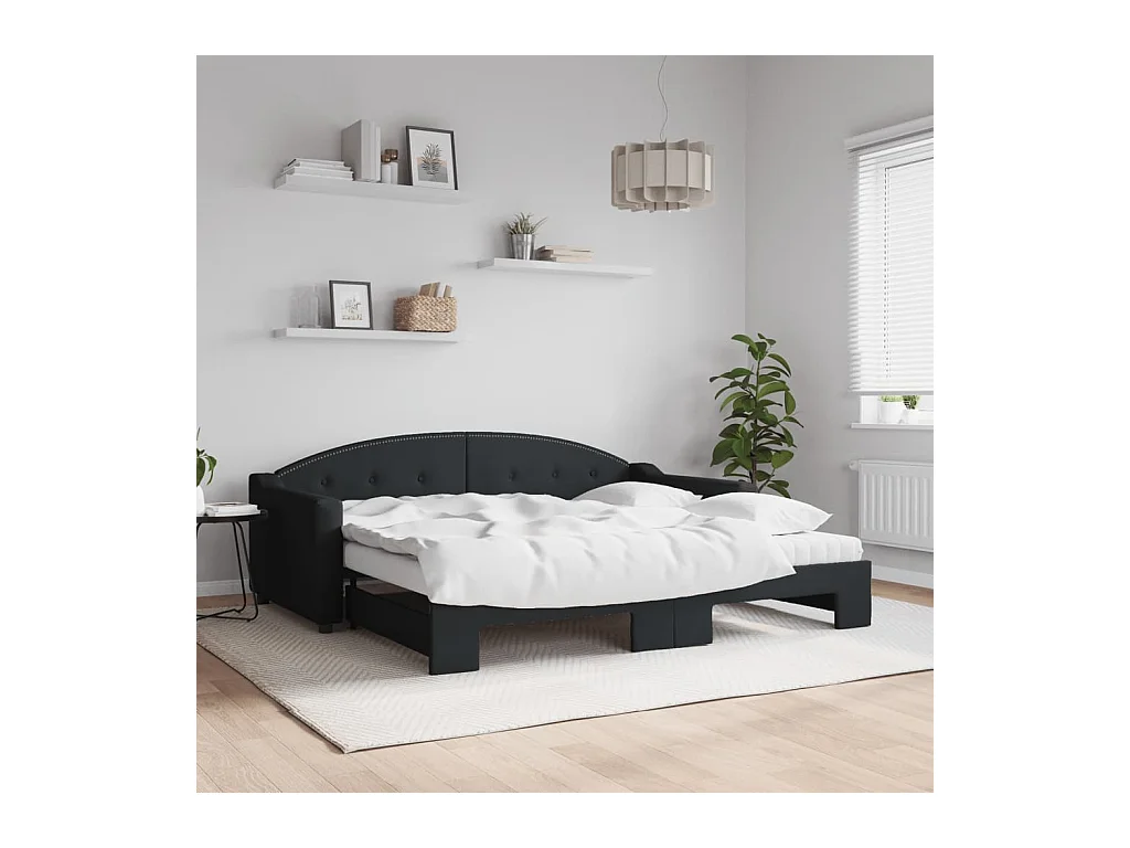 Lit de jour avec gigogne et matelas noir 90x190 cm tissu