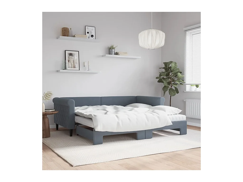 Lit de jour avec gigogne et matelas gris foncé 90x190cm velours