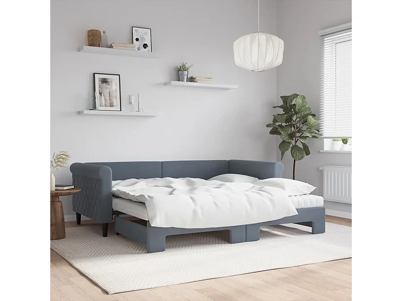 Lit de jour avec gigogne et matelas gris foncé 90x190cm velours