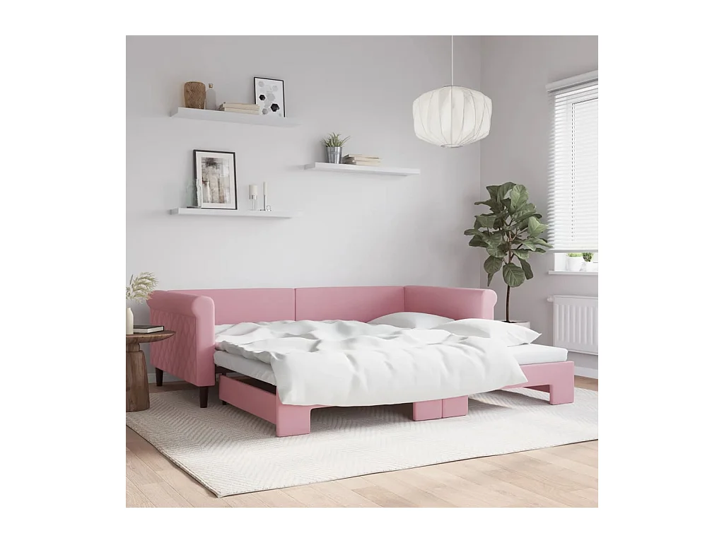 Lit de jour avec lit gigogne rose 100x200 cm velours