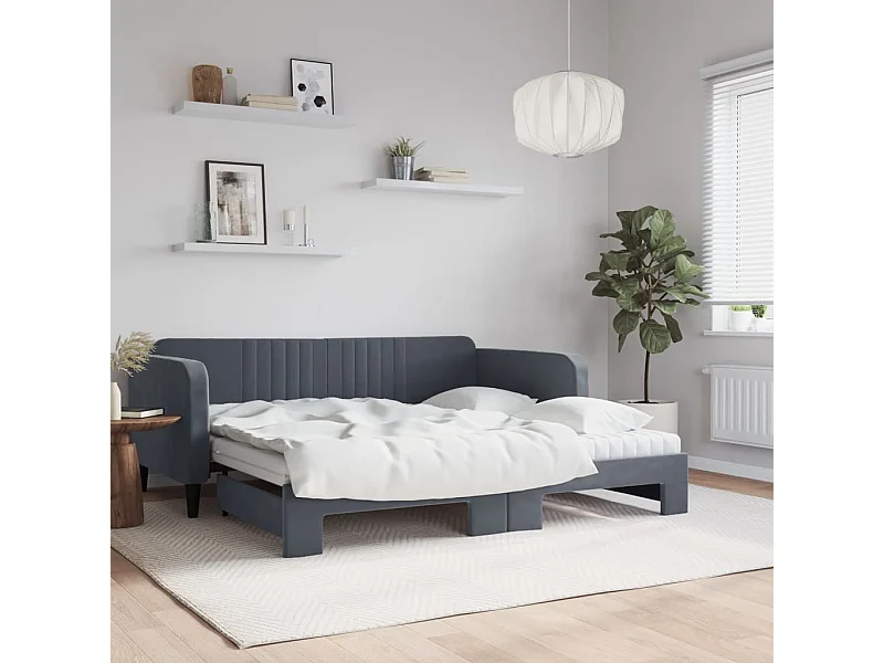 Lit de jour avec gigogne et matelas gris foncé 90x190cm velours