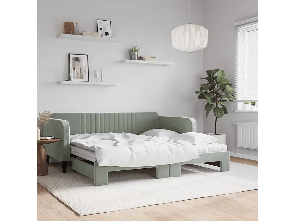 Lit de jour avec gigogne et matelas gris clair 90x190cm velours
