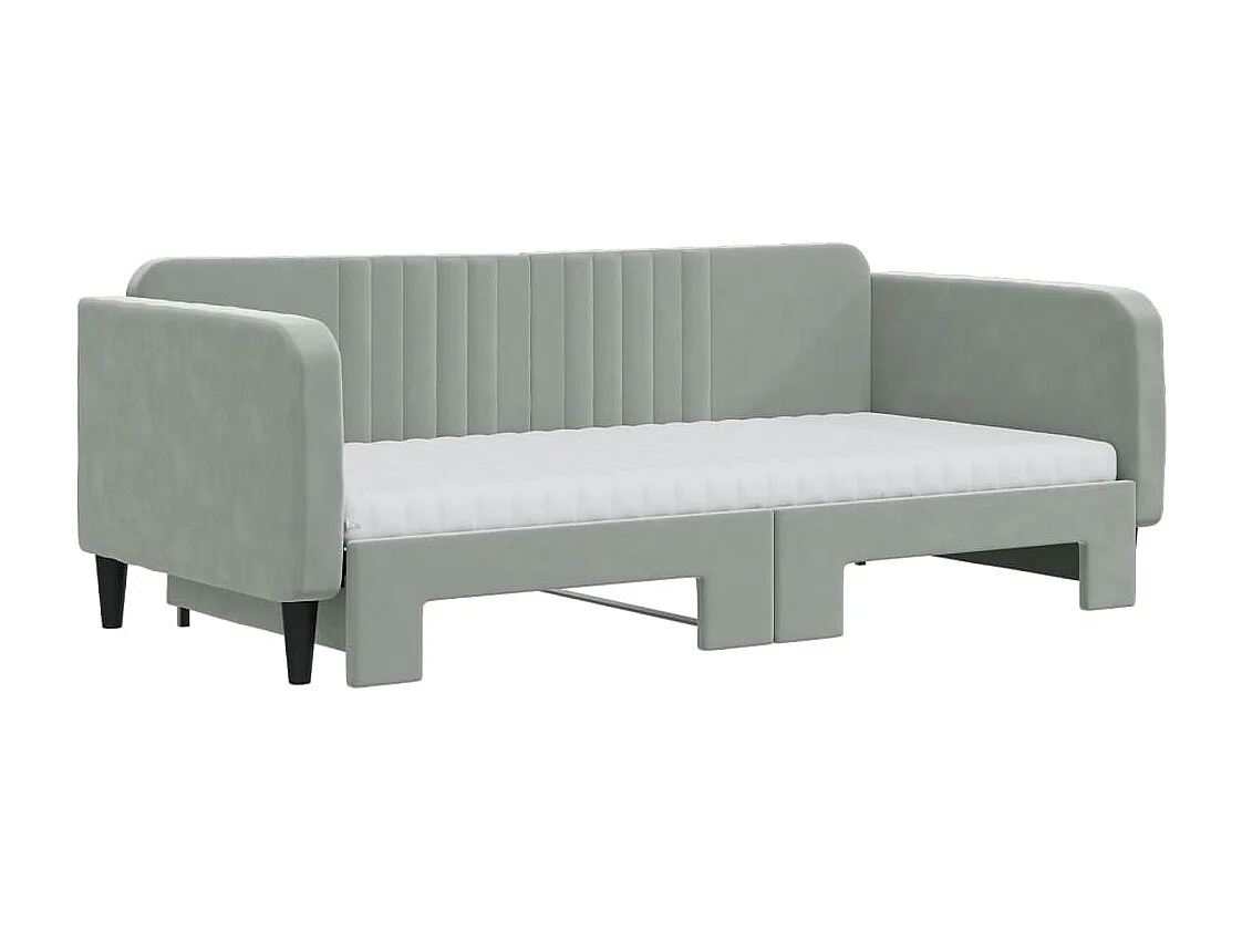 Lit de jour avec gigogne et matelas gris clair 90x190cm velours